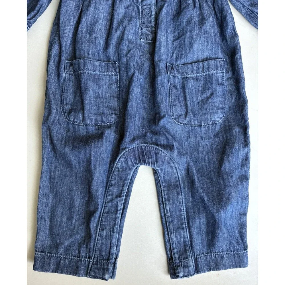 Baby Gap Blue Denim Look Romper 3-6 Months Embroidered Collar Long Sleeve